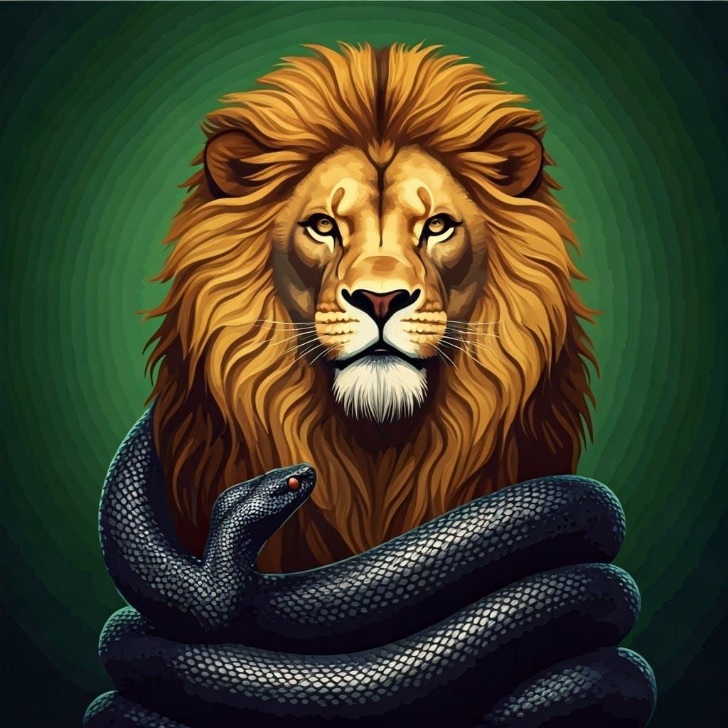 Majestic Golden Lion Roaring at Black Snake