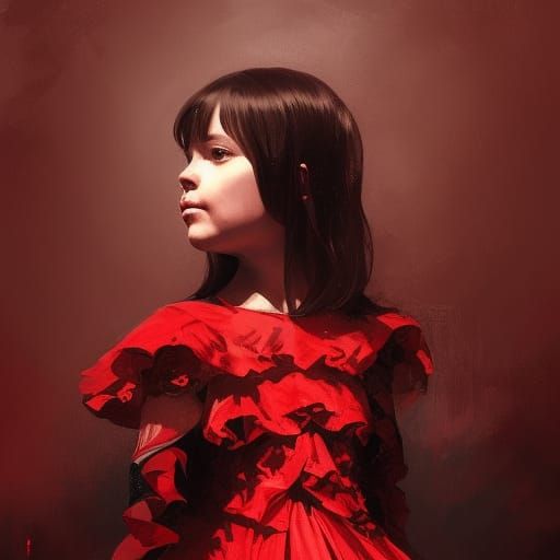A six year old daughter wearing a black and red promenade dr...