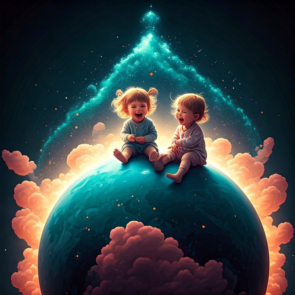 Children Playing on a Globe: Fantasy Illustration