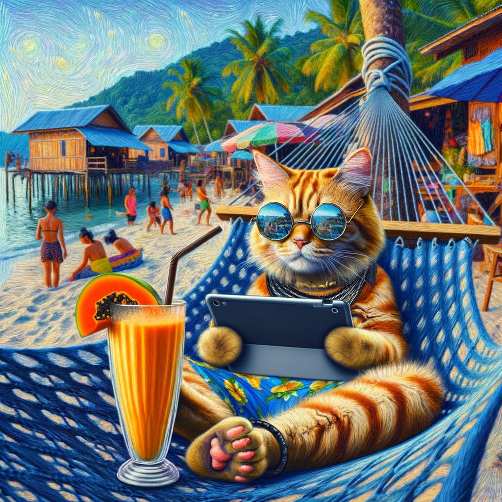 A Gen Z cat working remotely from a Thiland beach resort  by @Omri_slam