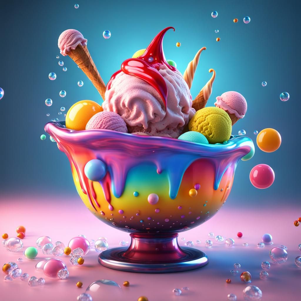 Ice Cream bowl super colorful with bubbles all around it Dig...