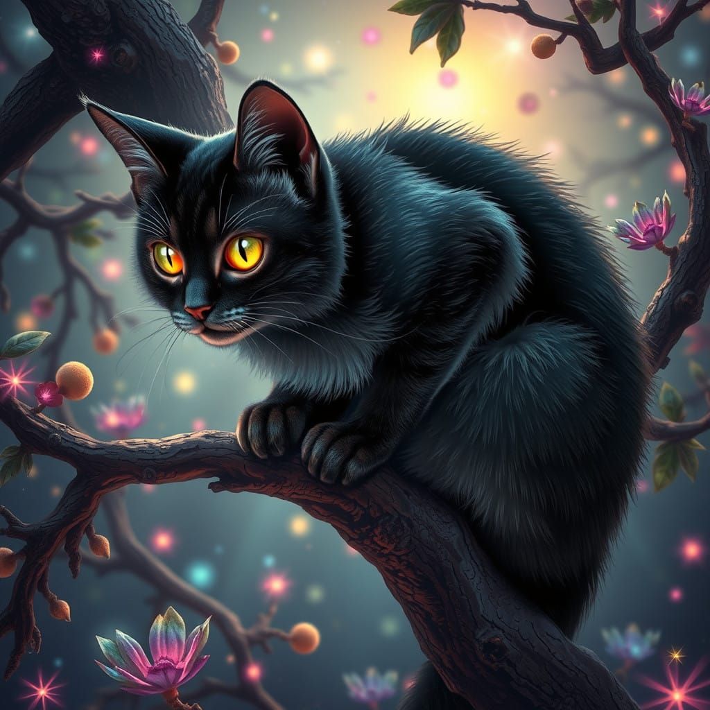 Un chat mystique et fantastique aux yeux brillants, assis sur une branche d'arbre tordue dans une forêt ...  by @Rosa