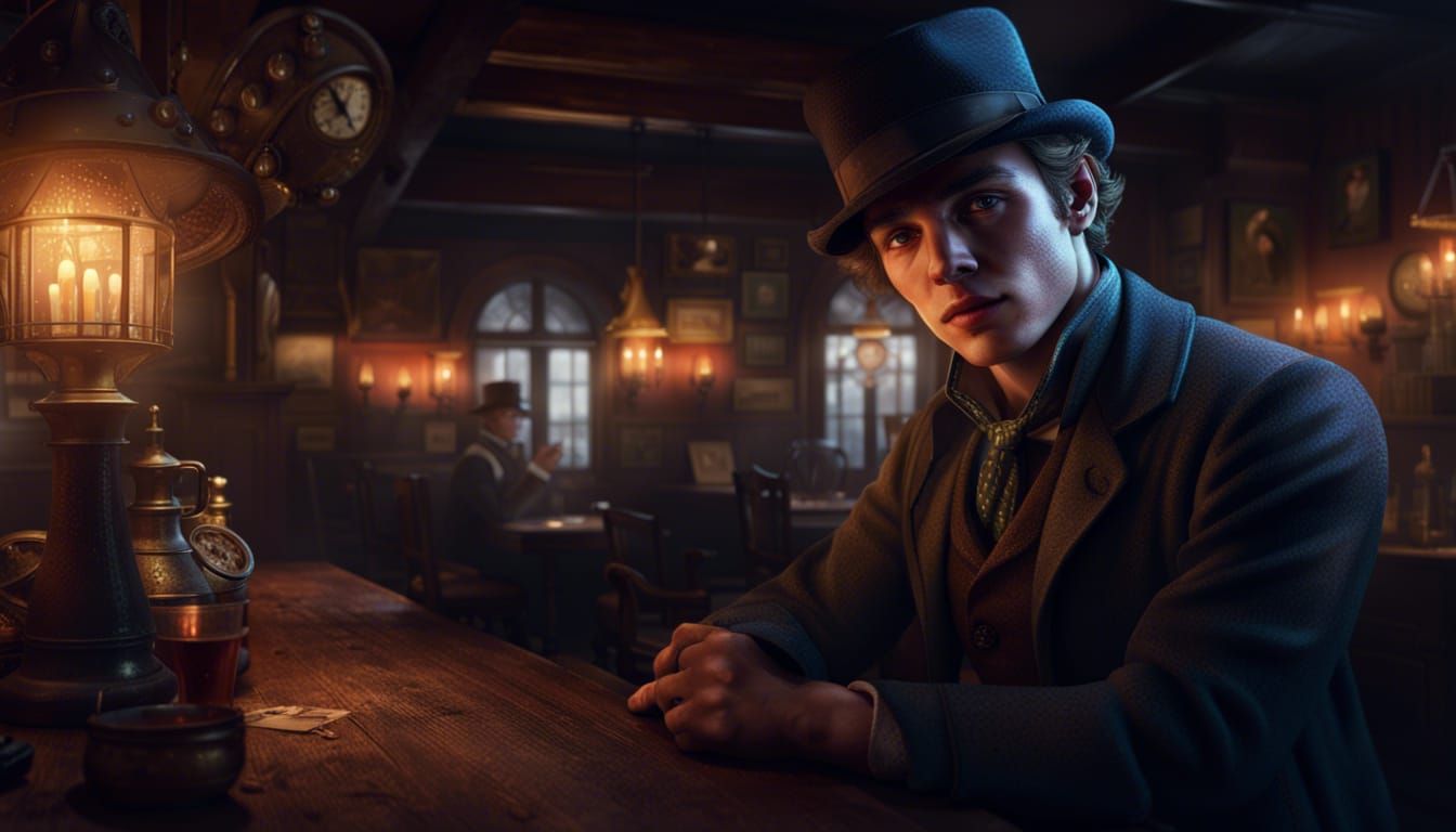Emmett, gorgeous young man in a fedora in a Victorian tavern...