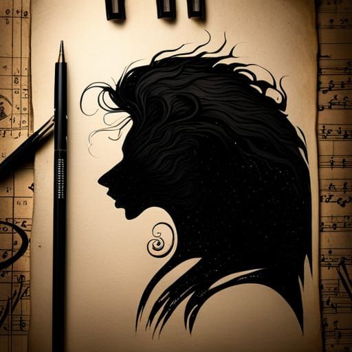 Portrait sketch of a living shadow, pure black, silhouette, ...