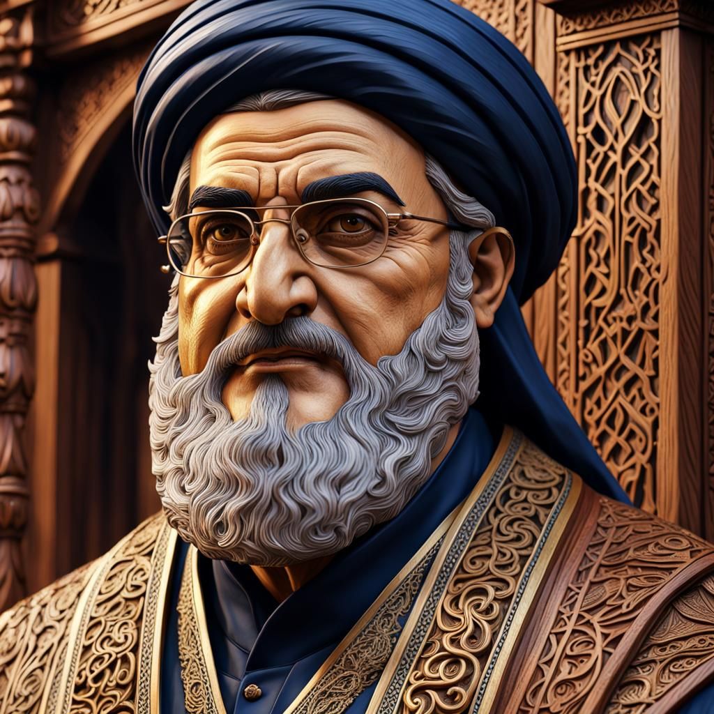 Detailed Wood Carving Portrait of Nasrallah