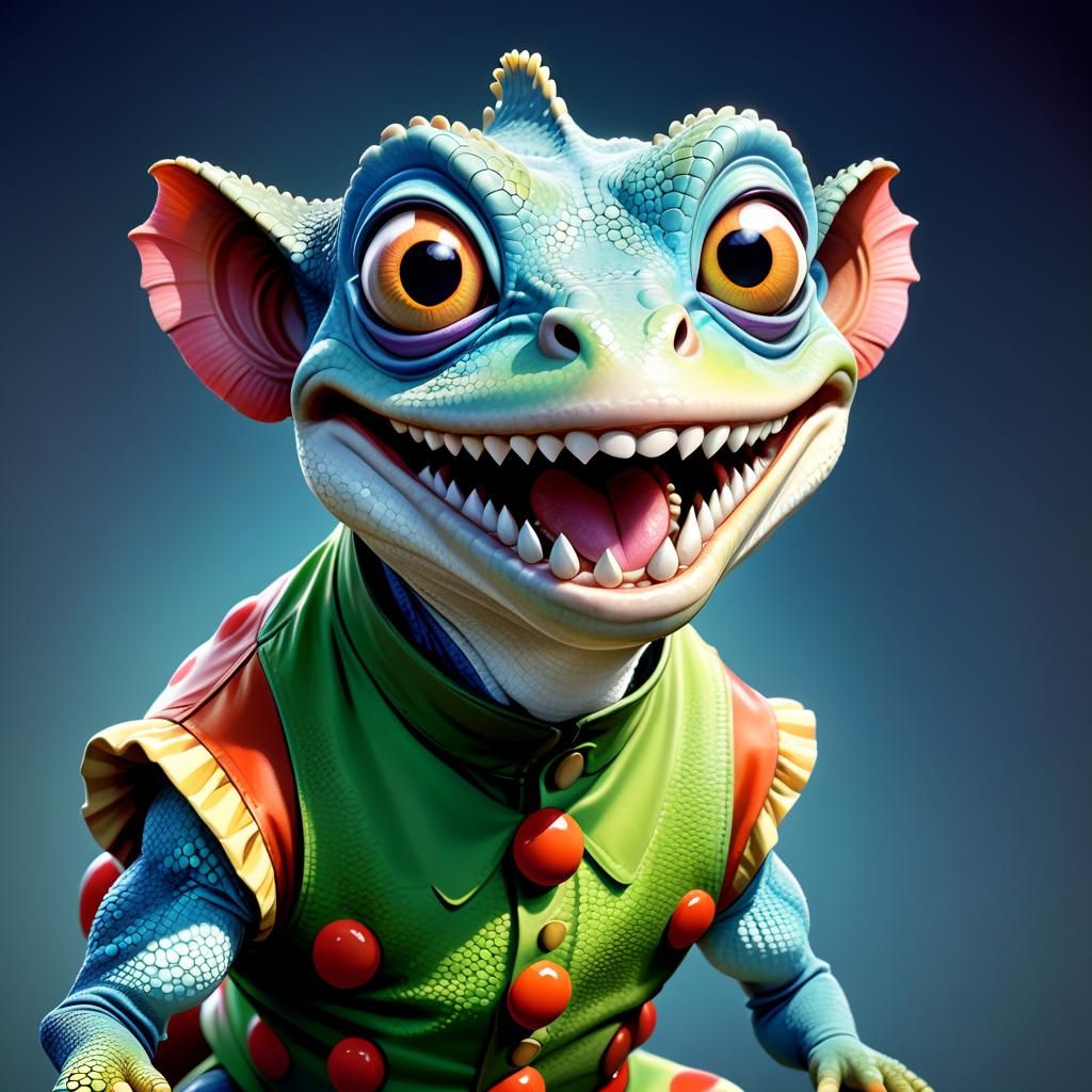 An extreme caricature of a gecko, exaggerated facial features, big lips,  bulging popped eyes, giant ears, huge-huge teeth. ultrarealistic an... - AI  Generated Artwork - NightCafe Creator