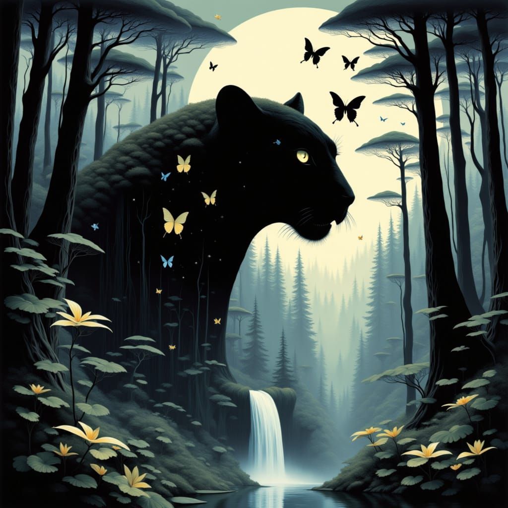 <lora:MY QUIRKY SCIENCE:1.0>
NEGATIVE-DYNAMIC-SIENCE-FICTION, Black JAGUAR'S amidst a misty forest. A giant JAGUAR head silhouette filled wi...
