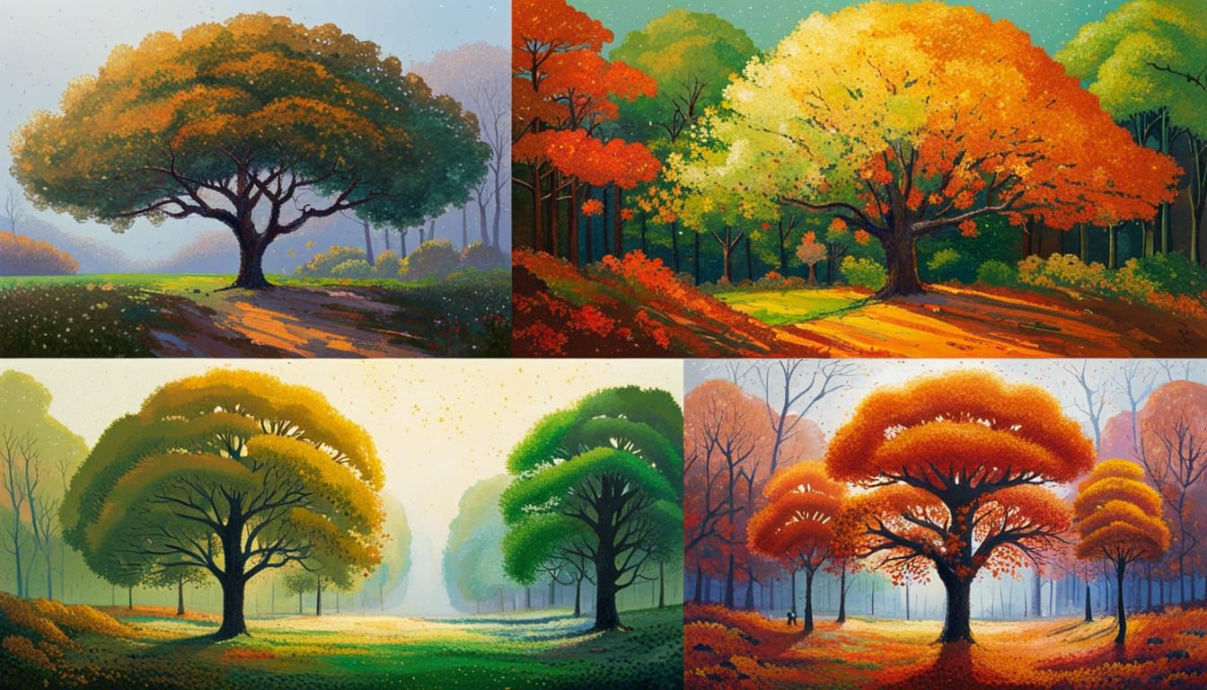 four forests of different seasons with winter, summer, autumn, spring ...