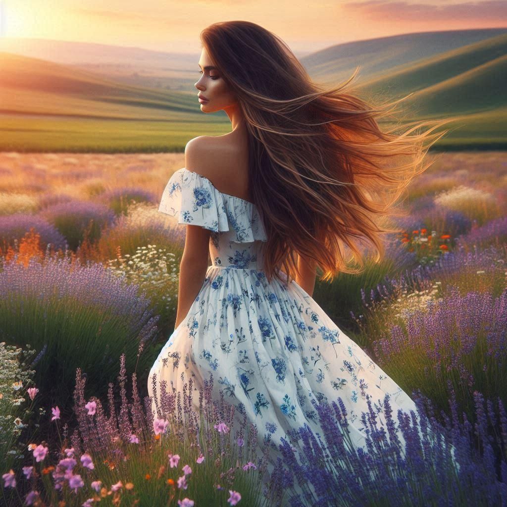 Pretty Woman Walking in a Flowery field