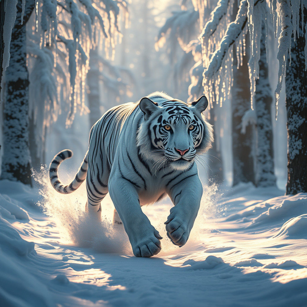 Icy White Tiger Runs Through Crystalline Forest