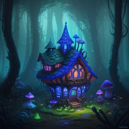 A fairy mushroom house in an enchanted bioluminescent forest...