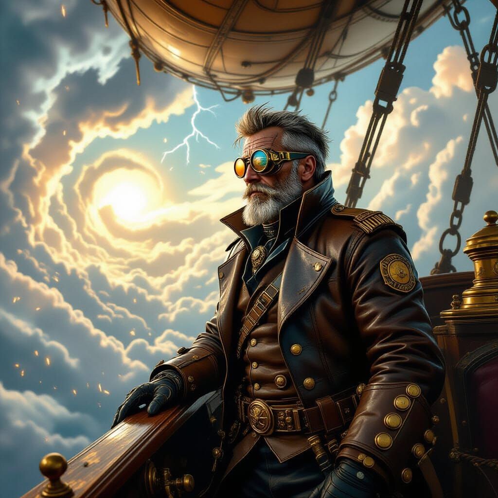 A weathered, steampunk airship captain with a grizzled face and a cybernetic eye, standing on the bridge ...  by @OpaSam