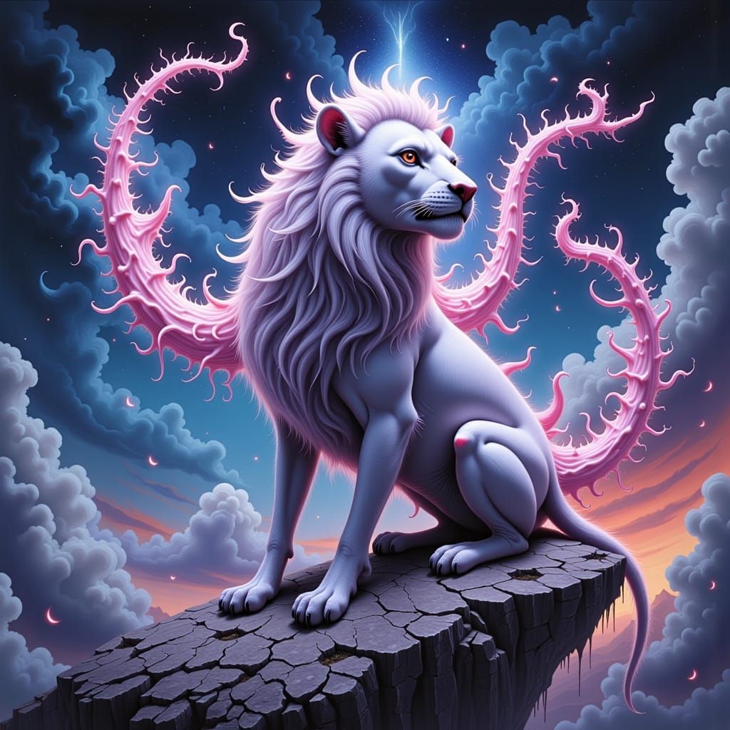 <lora:Surreal Monsters:1.0> Close-up portrait. A majestic lion with fractal wings sits atop a rocky crag, gazing serenely at a distant, swir...