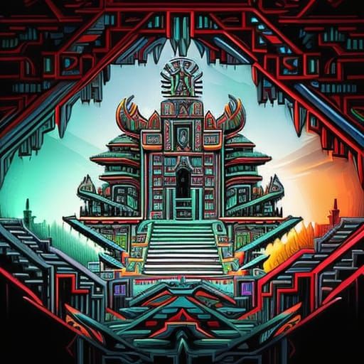 Digital Aztec temple of colours, wide view by dan mumford an...