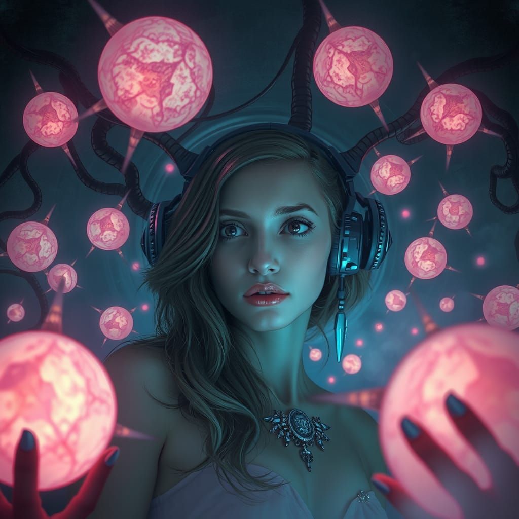Eerie Woman Surrounded by Glowing Orbs
