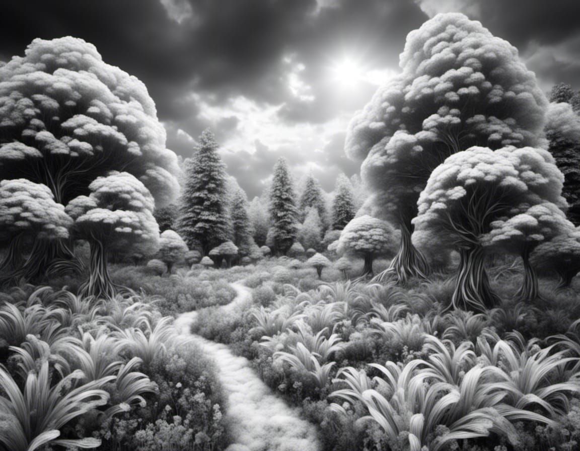 a black and white image of a forest with clouds