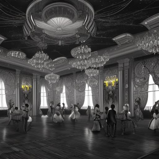 black and white ballroom with people dancing
