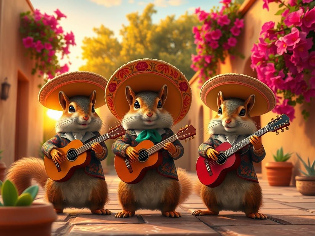 A whimsical scene of adorable mariachi squirrels, each dressed in a big colorful sombrero and The traditional ...  by @Magoo 