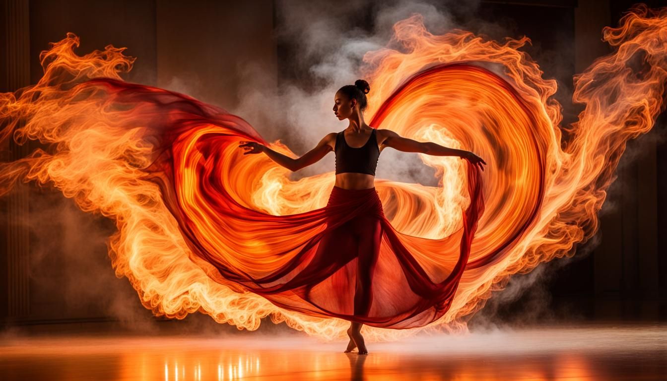 A dancer is gracefully moving amidst swirling flames that take on ...
