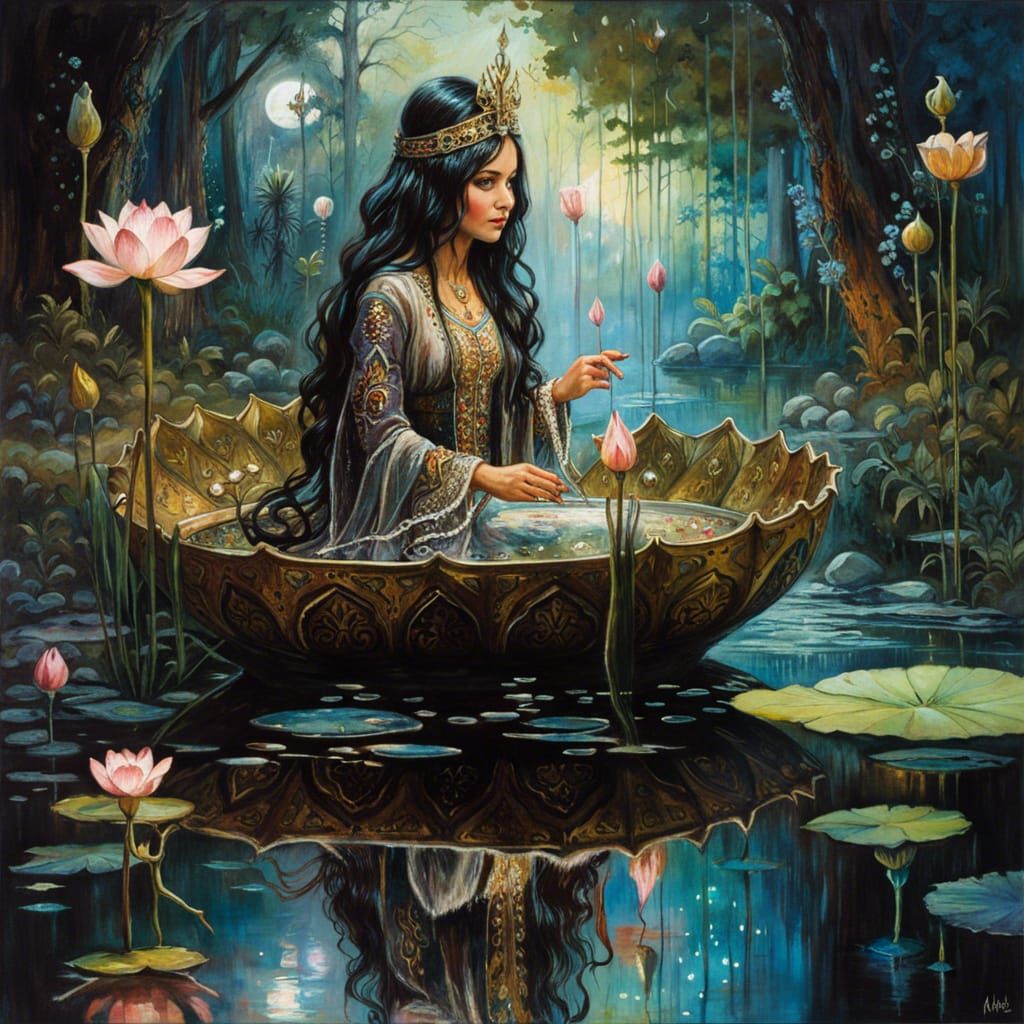Ornate Persian Princess Reflecting in Lotus Pond