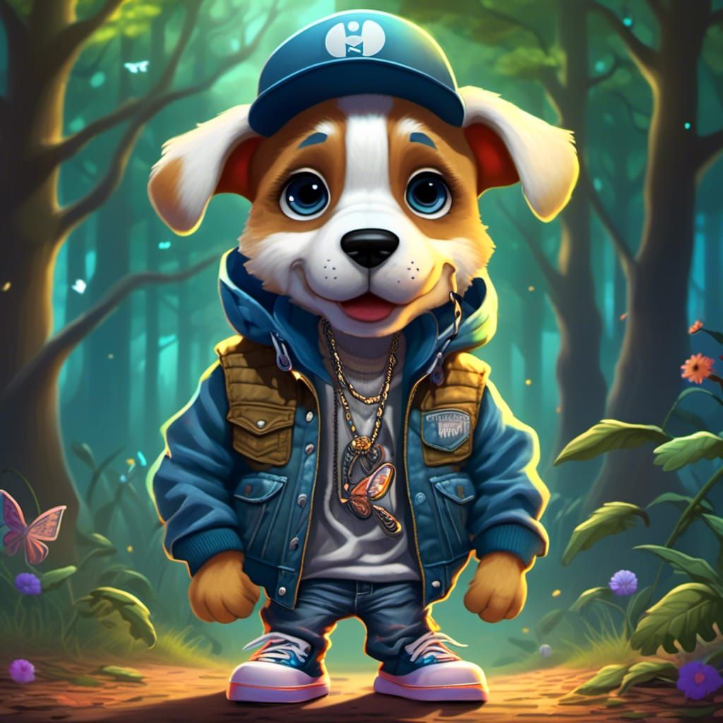 Baby humanoid puppy 90's rapper in giant baggy jeans, leather vests, knit suiting, workwear, twisted bandanas, army fatigues. Hip-hop puppy....