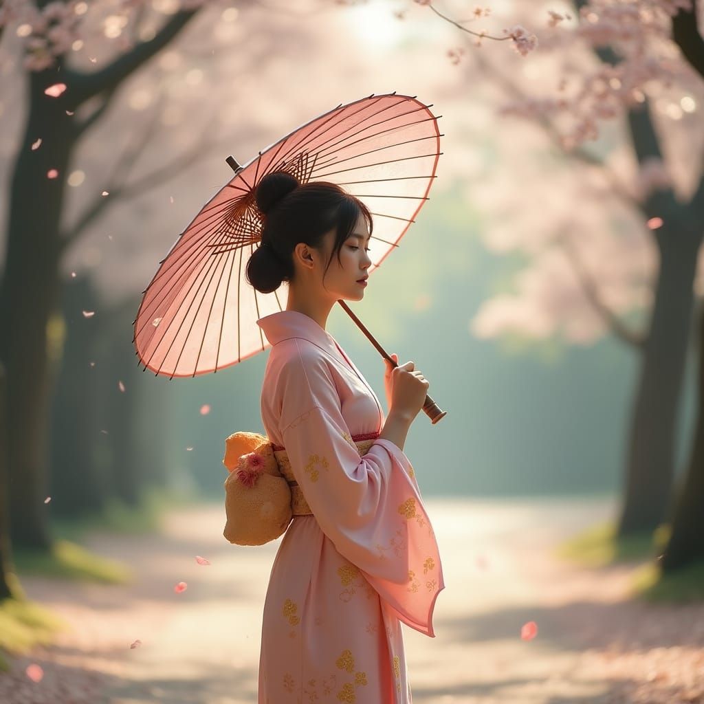 Japanese Woman in Spring Forest with Parasol