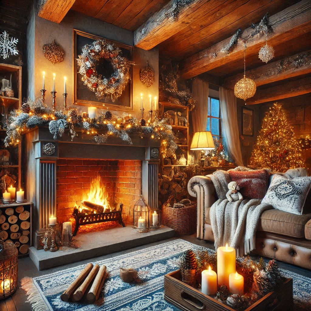 Cozy winter fireplace