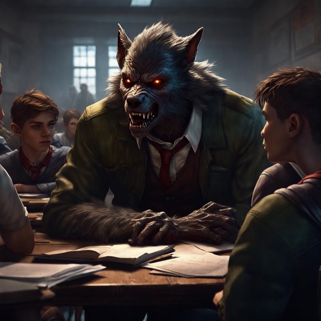 Teenage Werewolf in class room with human students  by @Scarecrow73