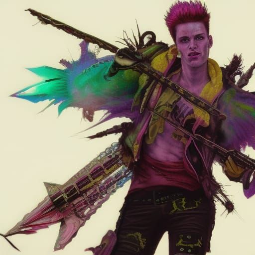 Detailed color drawing of a male punk rocker, multicolor
