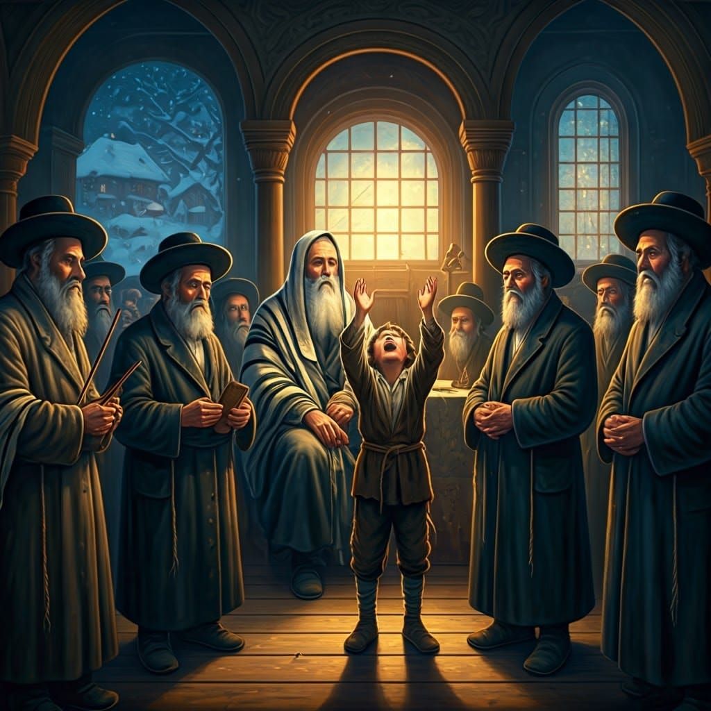Surreal Synagogue Scene with Baal Shem Tov and Devoted Hasid...