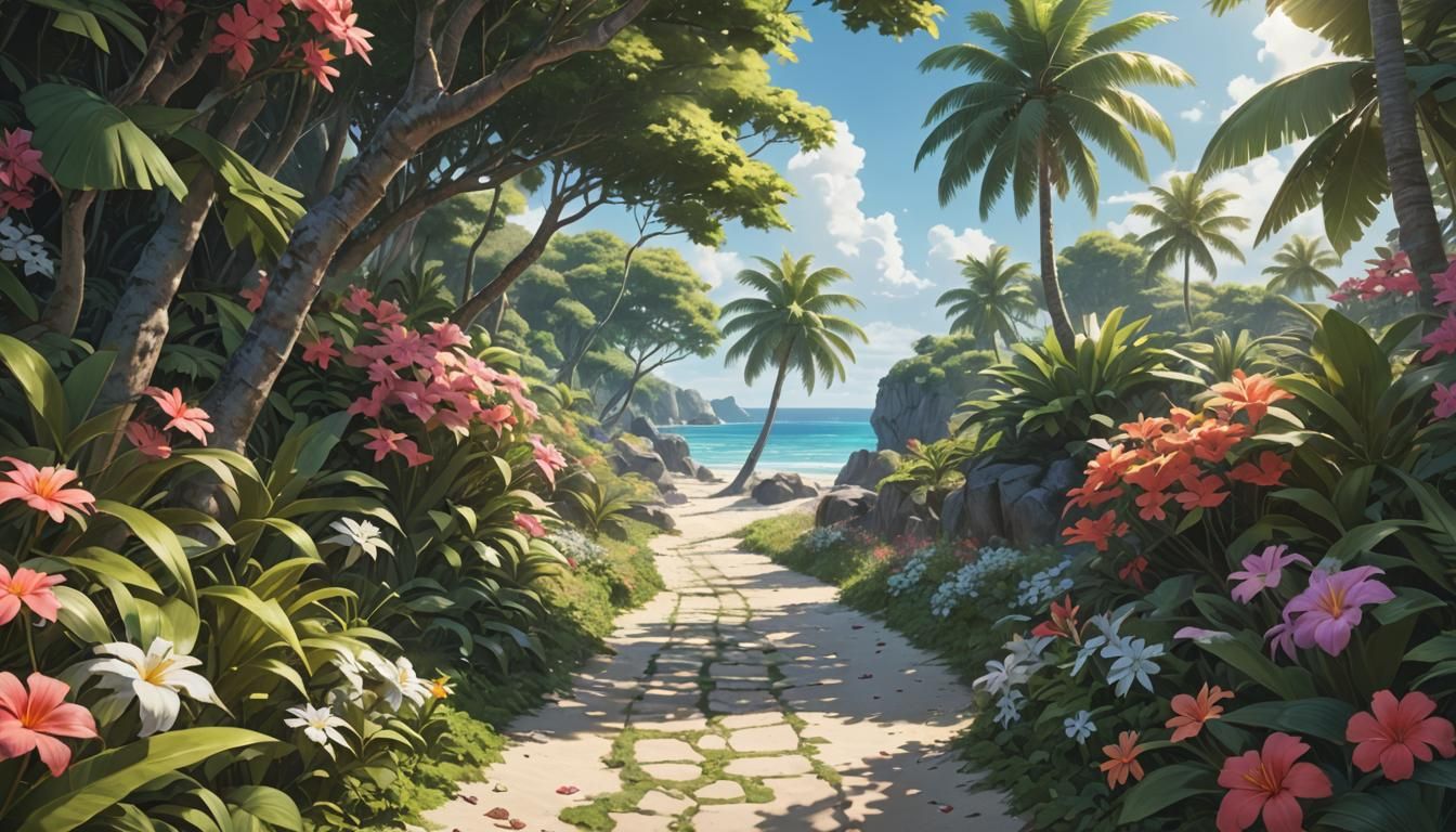 Flowered path to tropical beach with no people By artist "an...