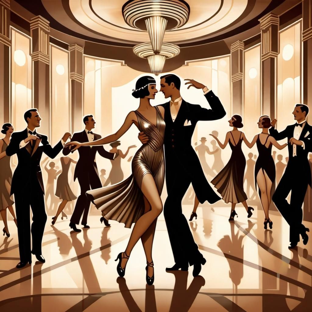20's swing music art-deco ballroom with dancers dancing