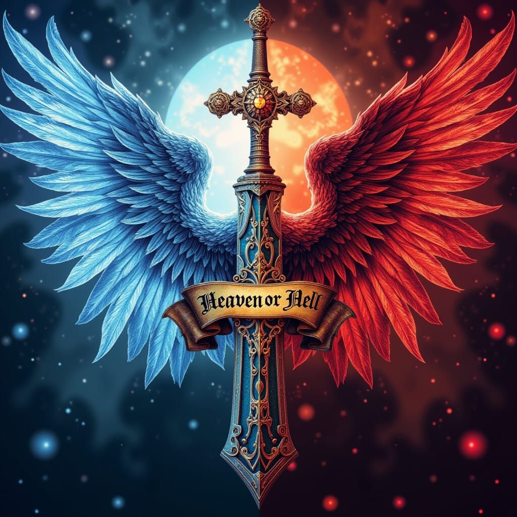 <lora:Heaven-or-Hell:0.5> In the style of a split screen:

On the left side, facing in is an Angelic Aurasync.

With a center divider being ...