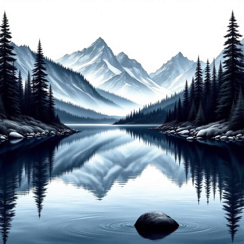 <lora:HRH-moody-inks:1.0>  hyper detailed, ink and watercolour, a moody, beautiful ink and watercolour mountain lake, panoramic, reflections...