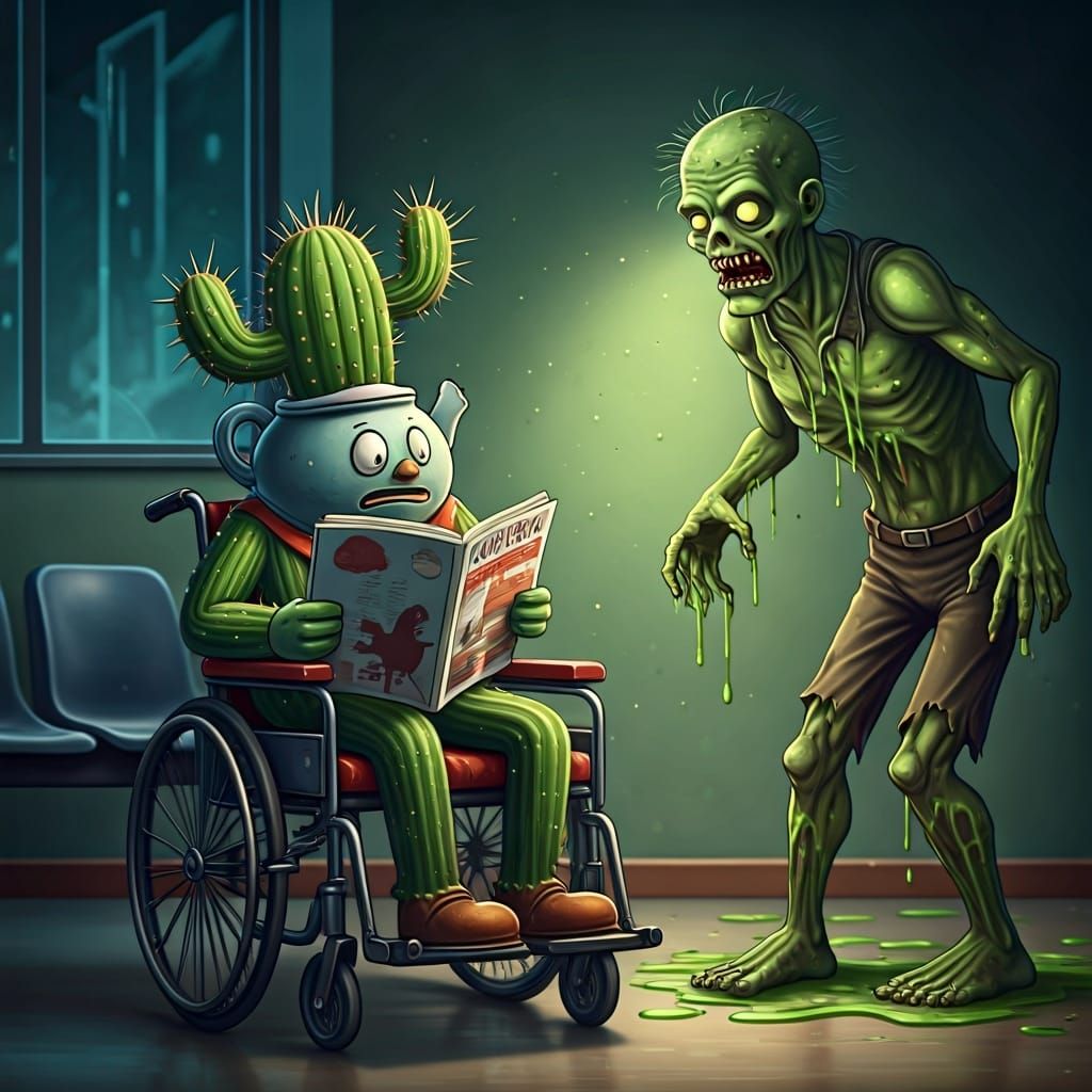 An anthromorphic Teapot with cactus spines stuck all over him is sitting in a wheelchair waiting in a doctor's office looking at a magazine ...