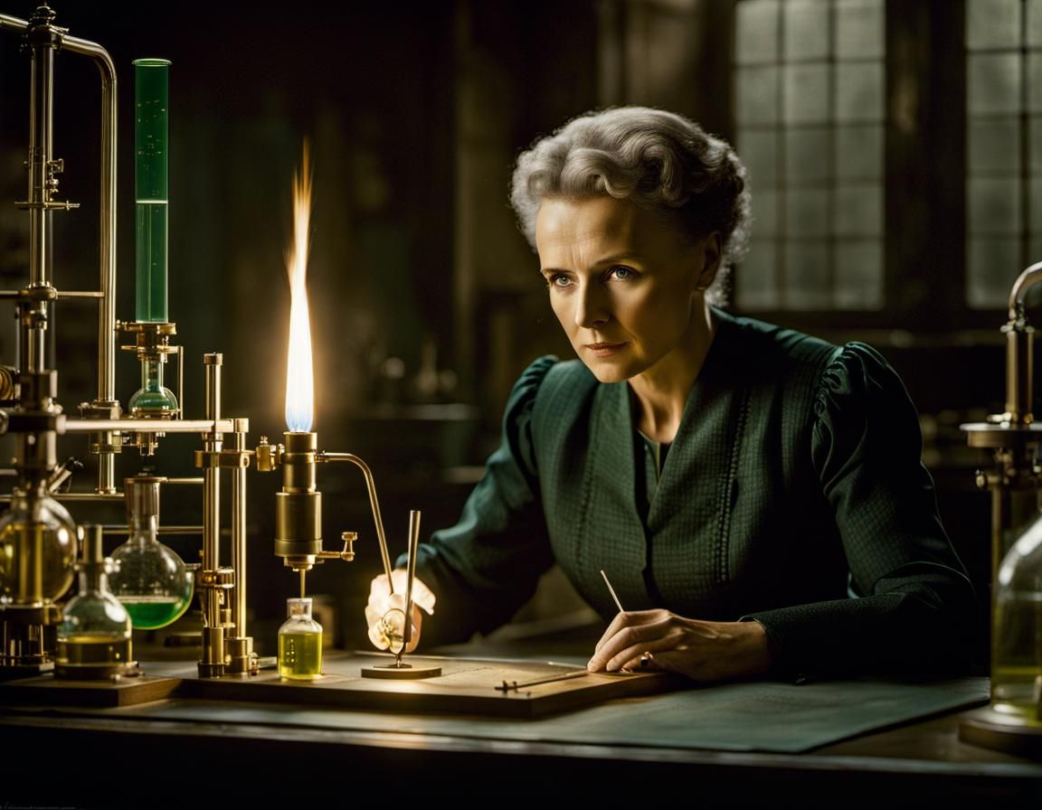 Visualize (((Marie Curie))) in her historic laboratory, surrounded by ...