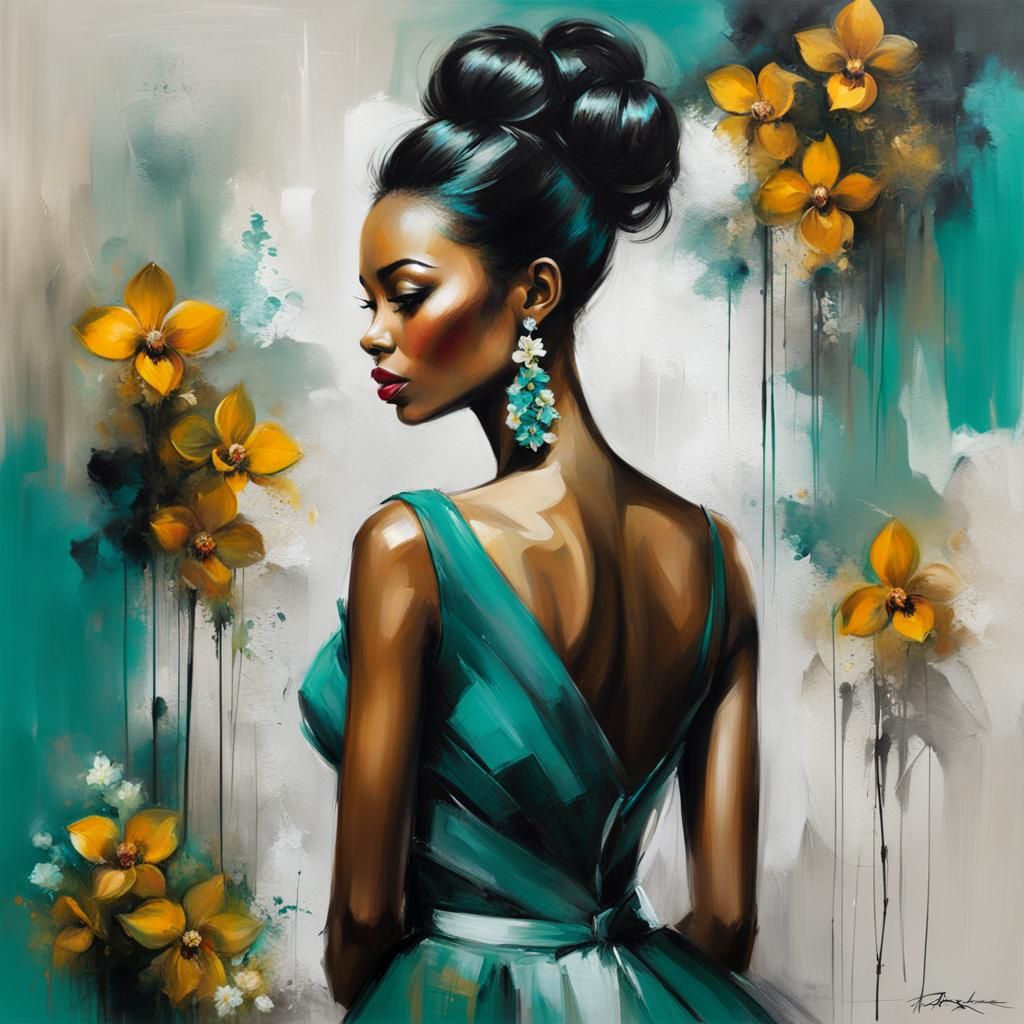 A Painting by Anna Razumovskaya showing a woman with black h...