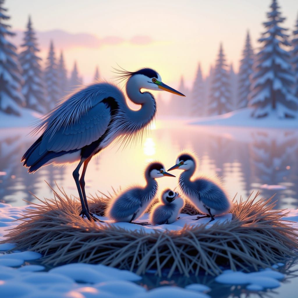<lora:Heron Snow:1.0> Heron hatching in nest as mother watches