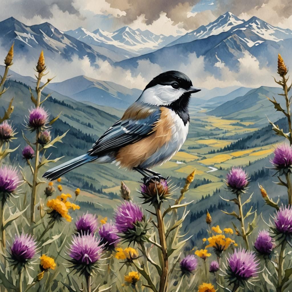 Cute fluffy chickadee sitting on a thistle surrounded by gorse under ...