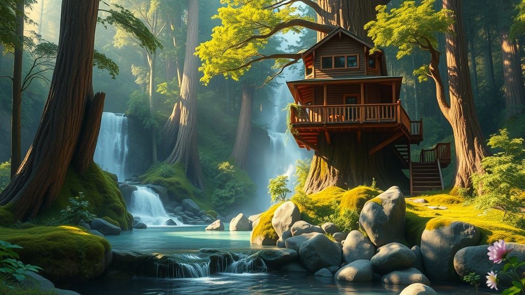Multilevel wooden treehouse nestled in a lush forest, built around tall ancient trees, overlooking a cascading waterfall and a clear flowing...