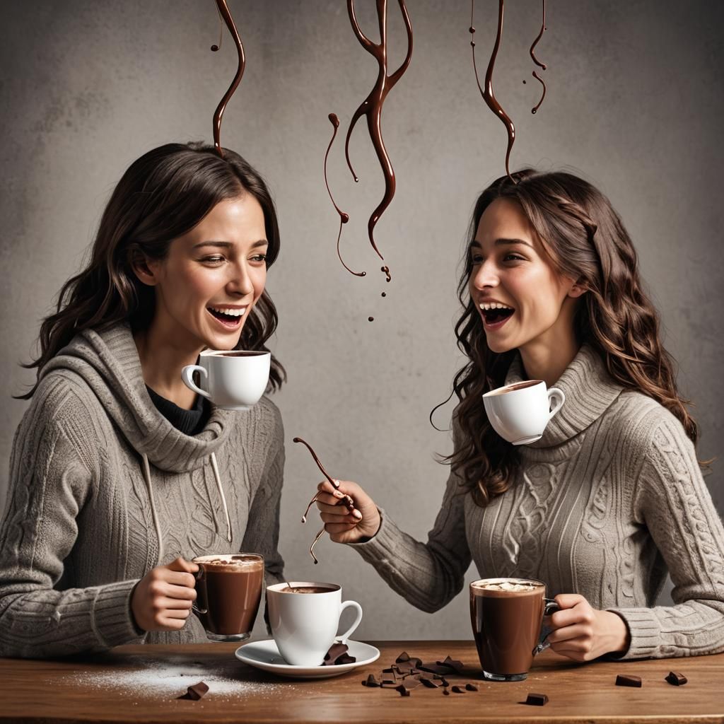 Imagine two big cups of hot chocolate suspended in air, with...