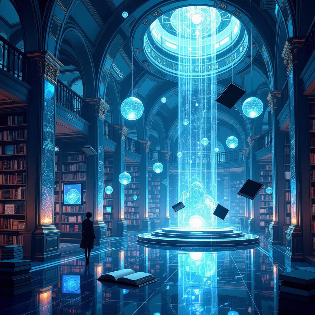Futuristic Library with Floating Books in Cyberpunk Style