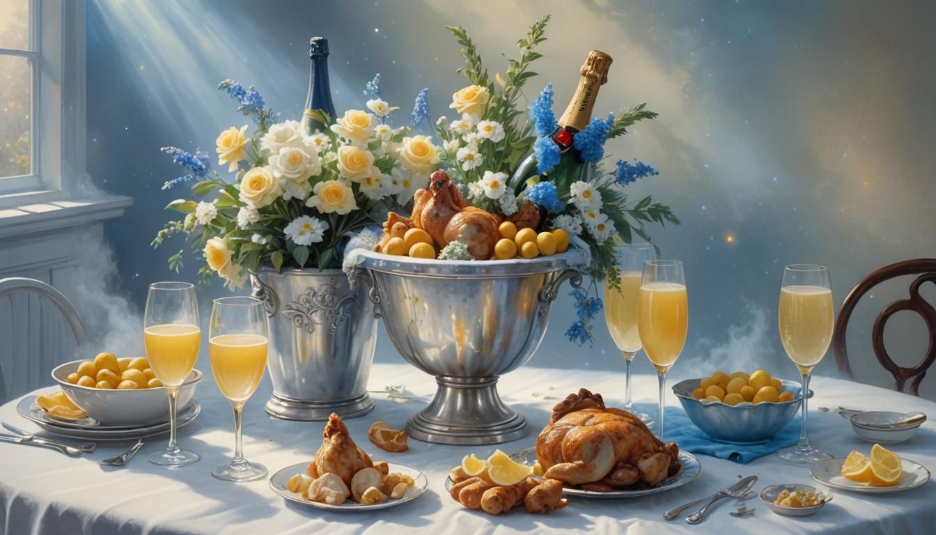 mimosas and champagne bucket on a white table with chicken a...