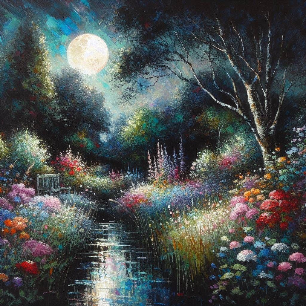 Impressionistic English Garden Under a Full Moon