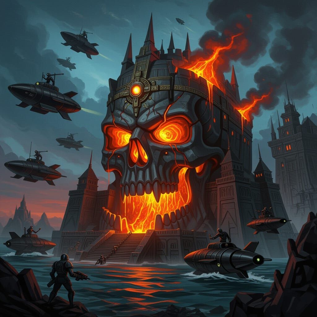 A volcanic island fortress, shaped like a monstrous skull, spewing molten lava from its eye sockets. ...  by @K J Baker