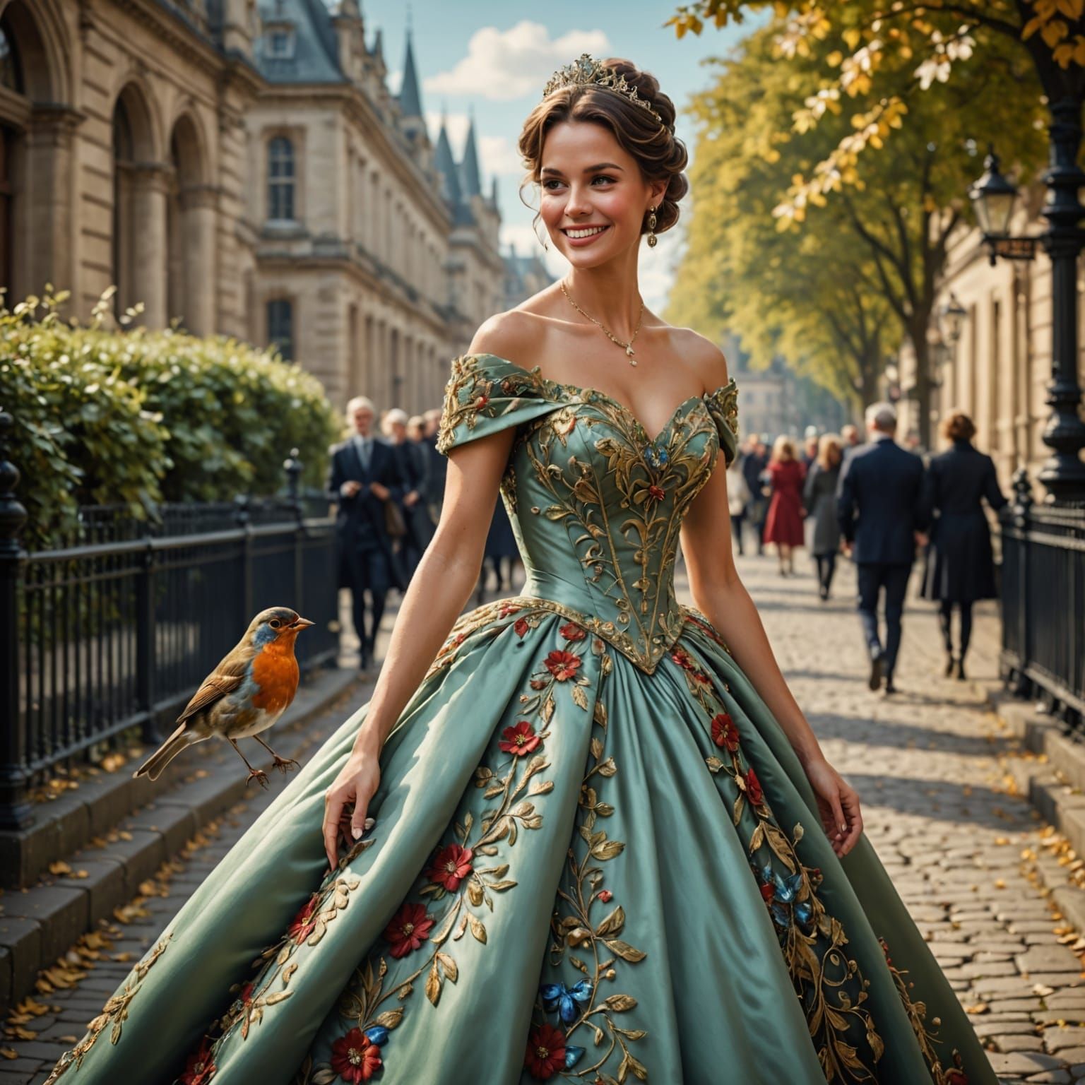 Hyper realistic beautiful lady  smiling wearing a big ballgown ornate. A beautiful Robin lands on her hand whilst she's out walking. Beautif...