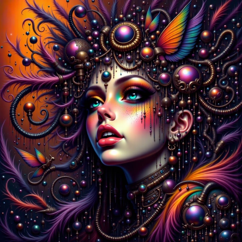 A brooding yakuza with sharp jawline, piercing bi-color eyes, one deep brown and the other icy blue, wears a tailored black suit, crisp whit...