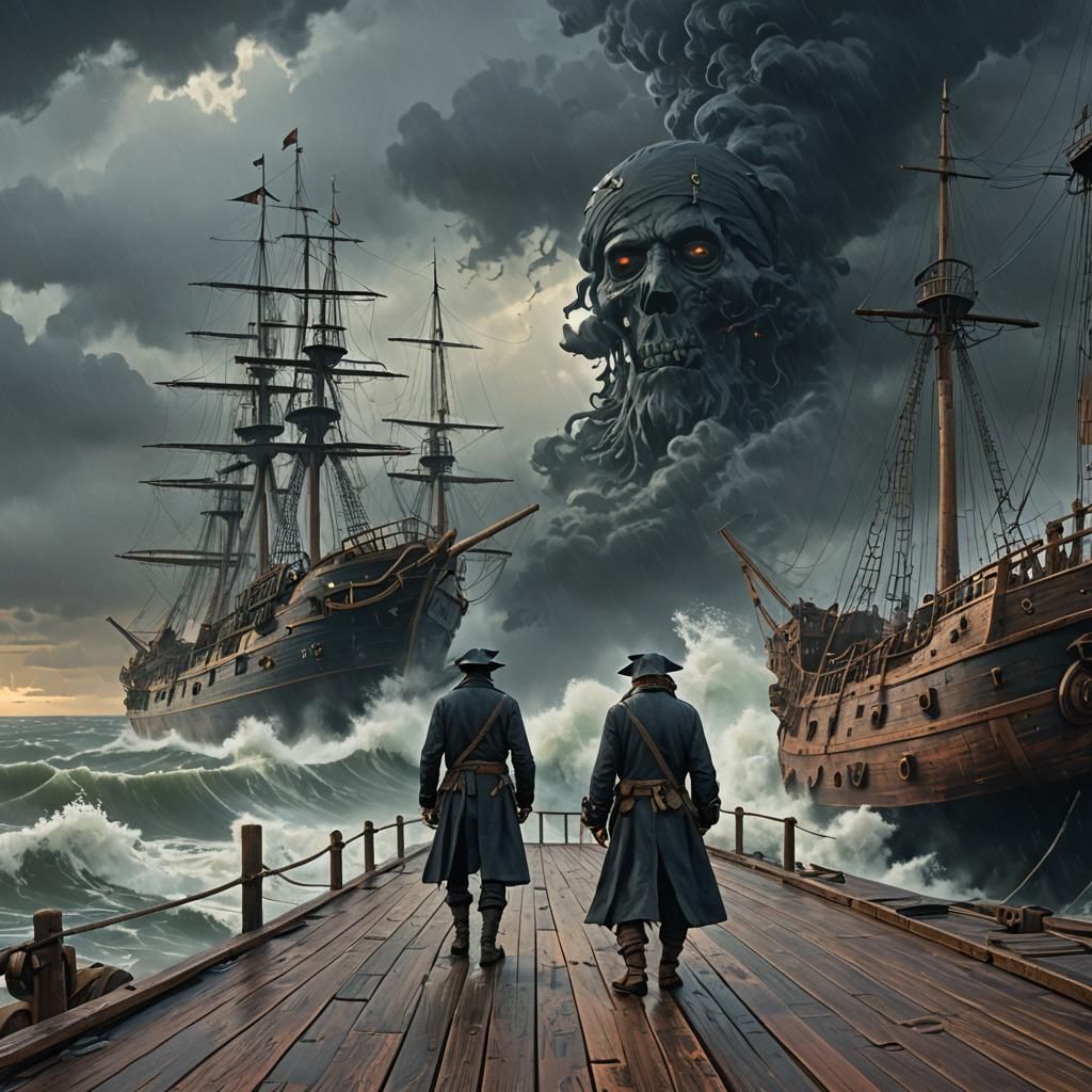 Full-body shot of a fearless pirate captain standing on the deck of a ship, waves crashing under a stormy ...  by @Bunoz08