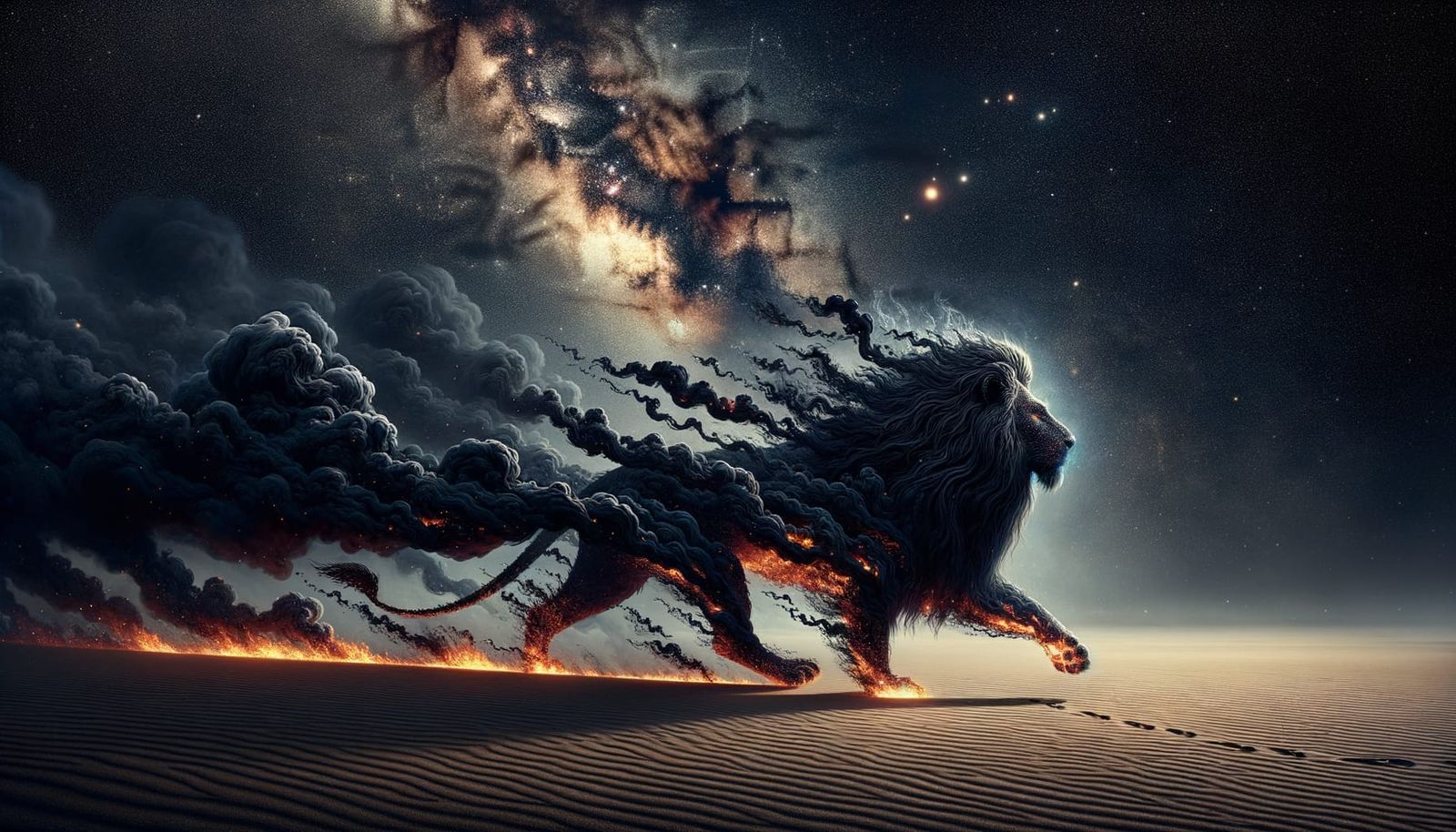 Ethereal Smoke Lion Journey Across Barren Desert