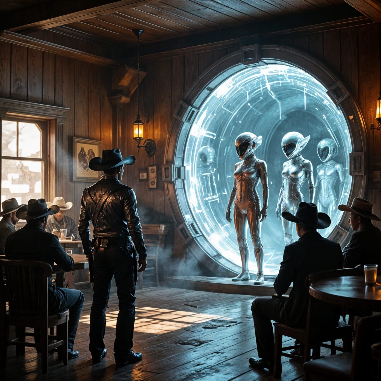 Aliens Arrive Through Portal in Western Saloon